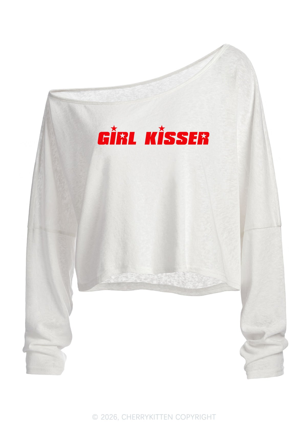 Girl Kisser Star Y2K Off Shoulder Long Sleeve Crop Top Cherrykitten