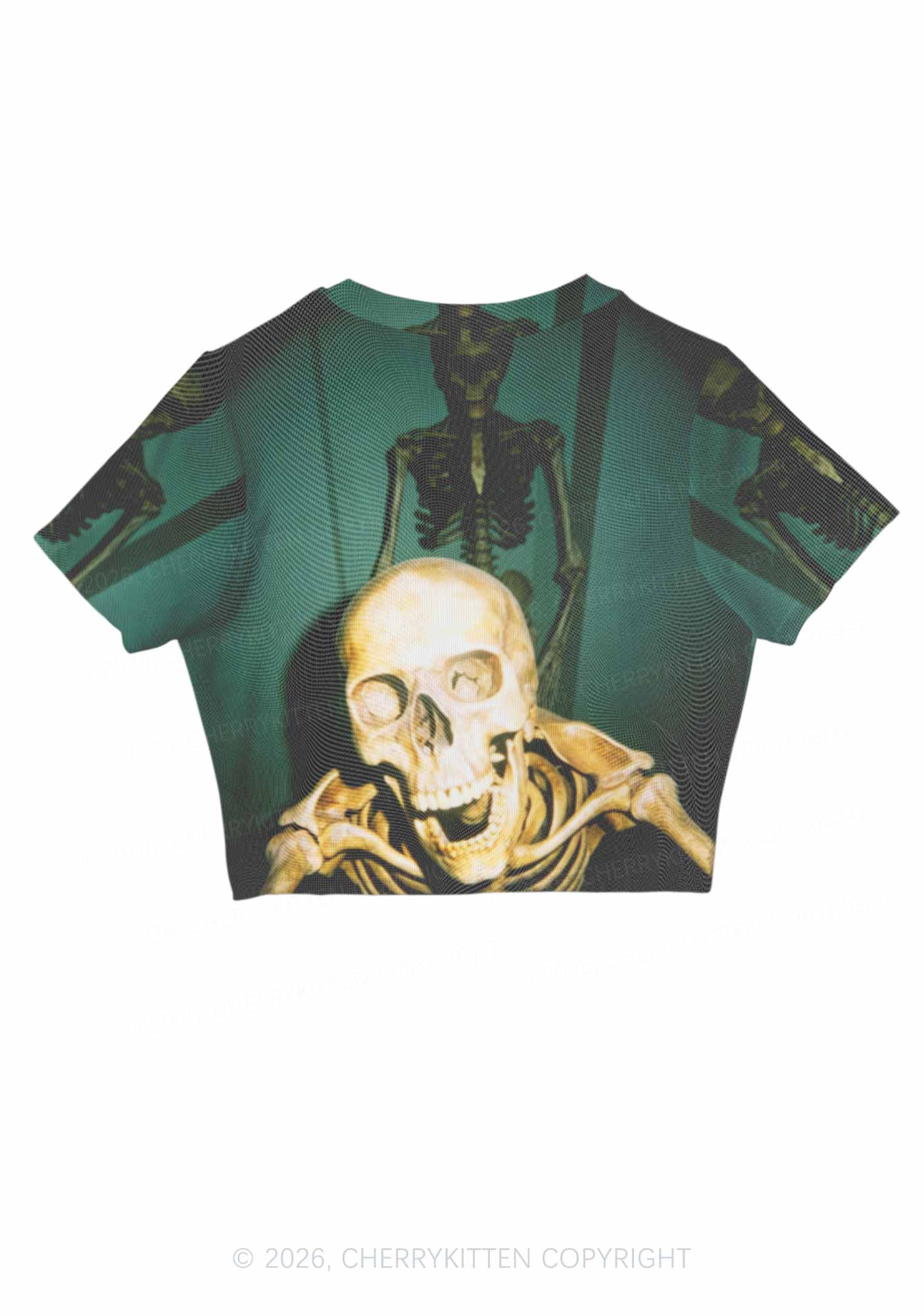 Halloween Double Skeleton Selfie Y2K Mesh Crop Top Cherrykitten