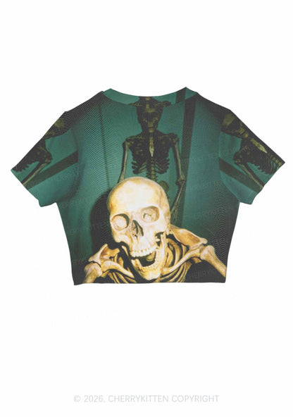 Halloween Double Skeleton Selfie Y2K Mesh Crop Top Cherrykitten