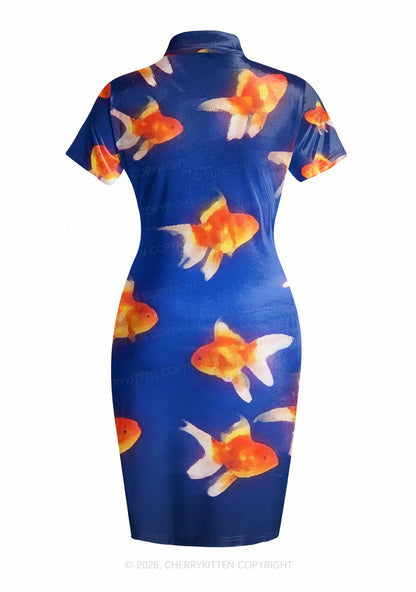 Goldfish On Blue Y2K Cheongsam Mini Dress Cherrykitten