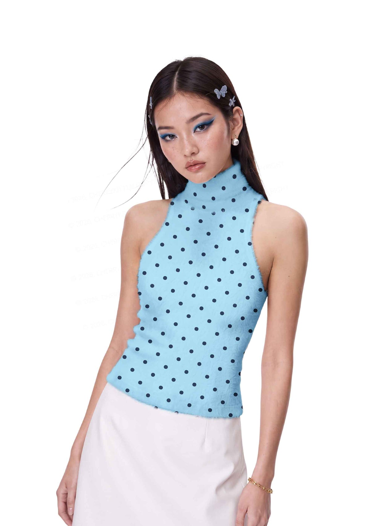 Black Dots On Blue Y2K Knit Turtleneck Tank Top Cherrykitten