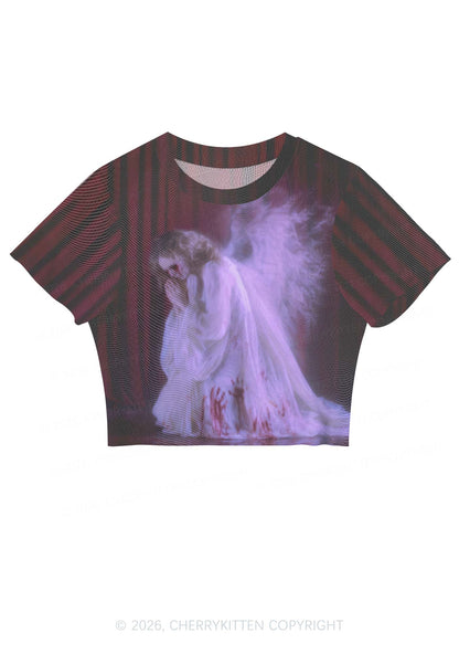 Halloween Bloody Praying Angel Y2K Mesh Crop Top Cherrykitten