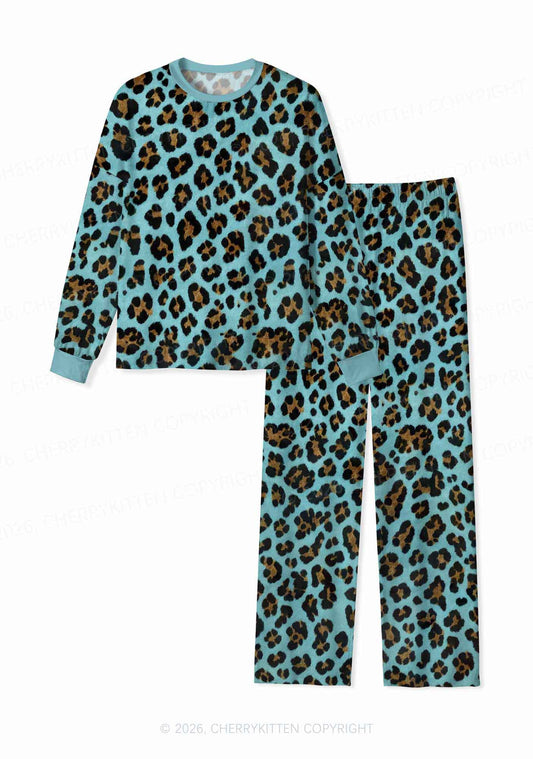 Mint Green Leopard Y2K Print Long Sleeve Pajama Set Cherrykitten