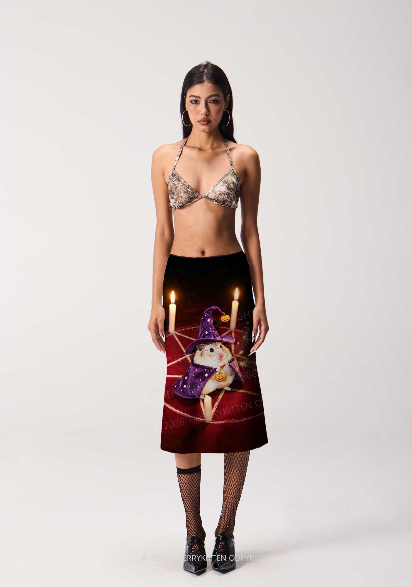 Halloween Wizard Hamster Y2K Print Midi Skirt Cherrykitten