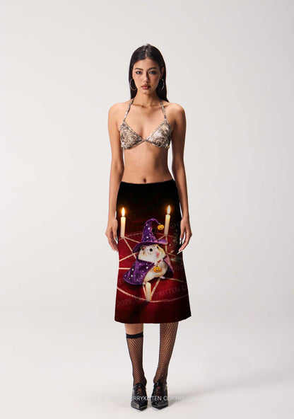 Halloween Wizard Hamster Y2K Print Midi Skirt Cherrykitten