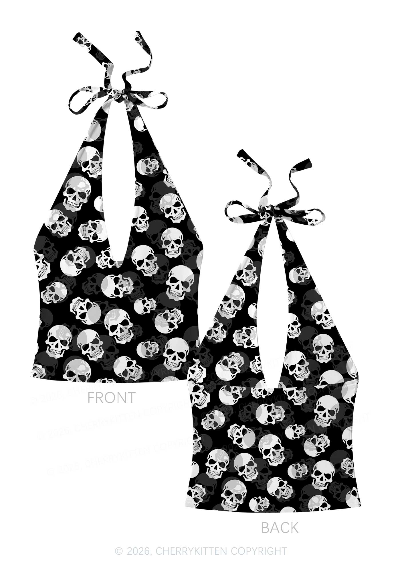 Halloween White Skull On Black Y2K Print Halter Deep V Neck Cami Cherrykitten