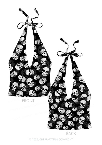 Halloween White Skull On Black Y2K Print Halter Deep V Neck Cami Cherrykitten