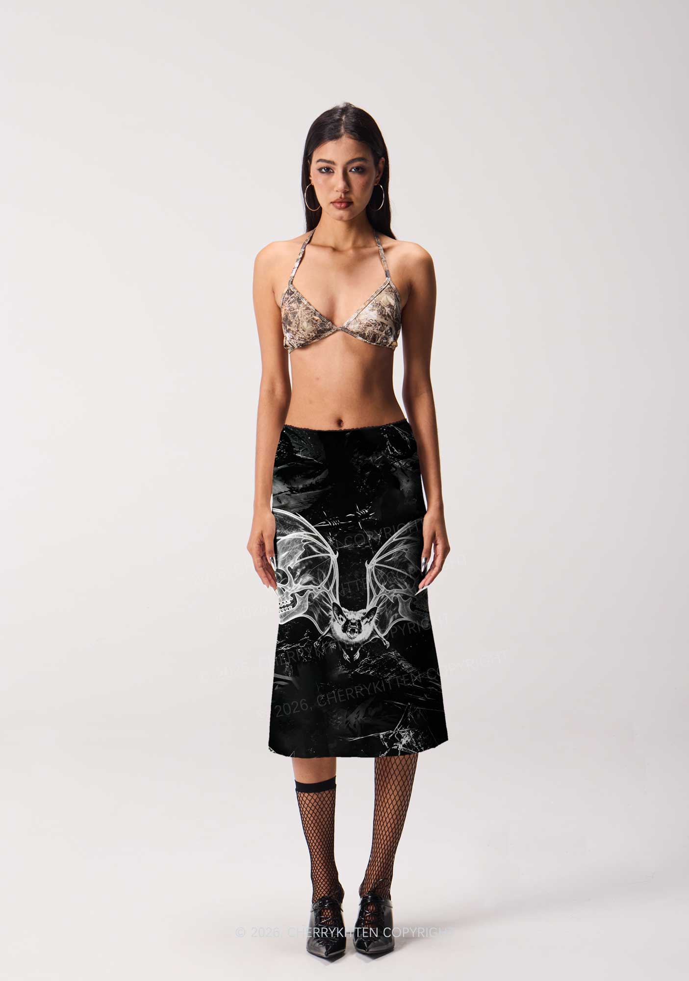 Halloween Bat Skeleton Wings Y2K Print Midi Skirt Cherrykitten