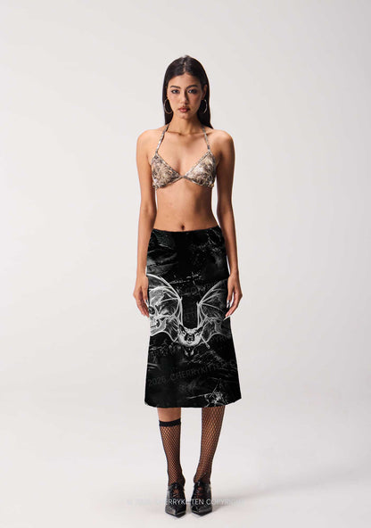Halloween Bat Skeleton Wings Y2K Print Midi Skirt Cherrykitten
