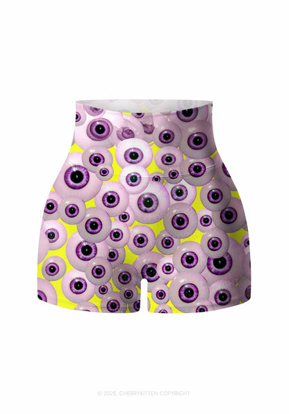 Halloween Purple Eyeballs Y2K Print Gym Shorts Cherrykitten