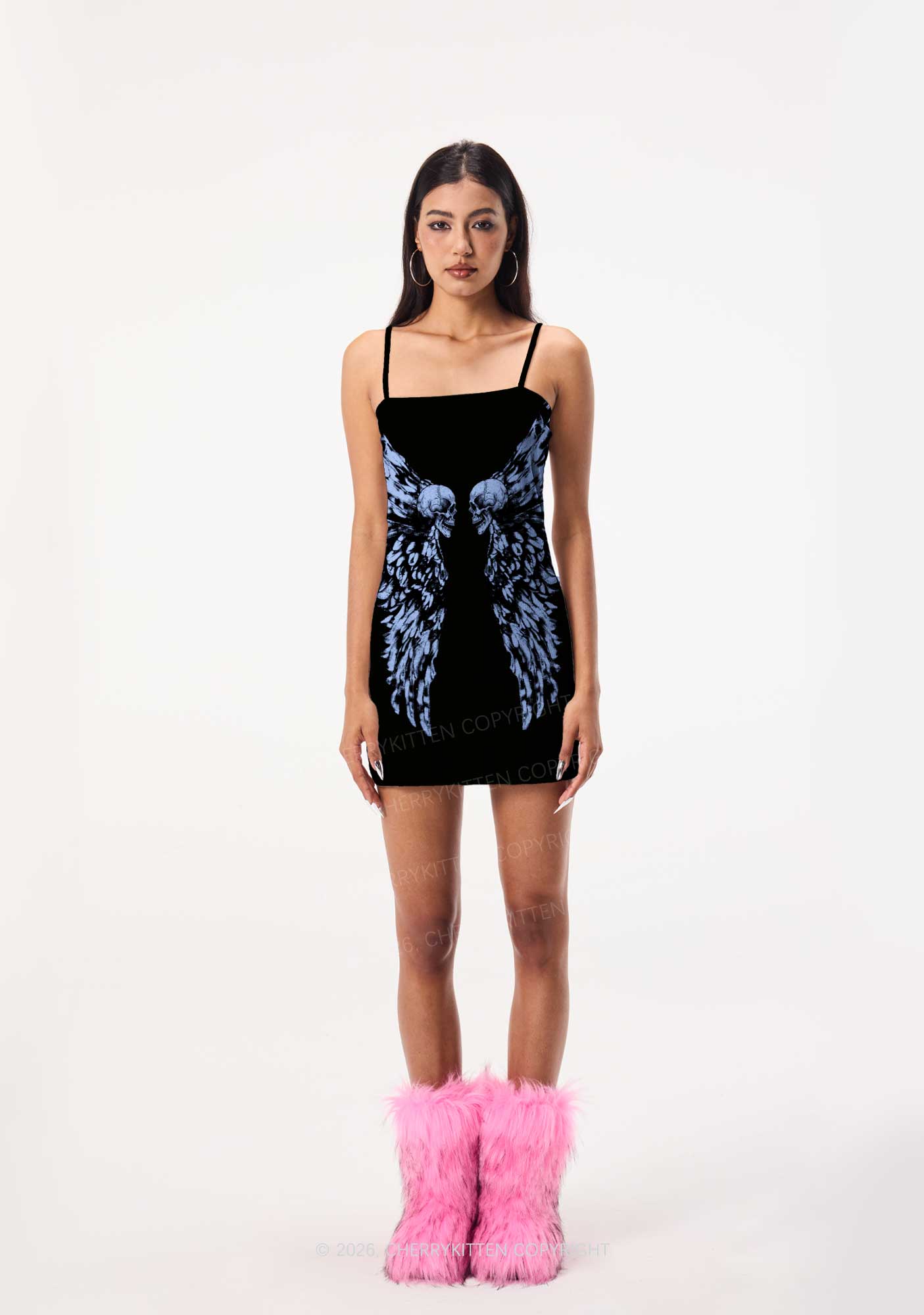 Halloween Blue Skull Angel Wings Y2K Print Slip Dress Cherrykitten