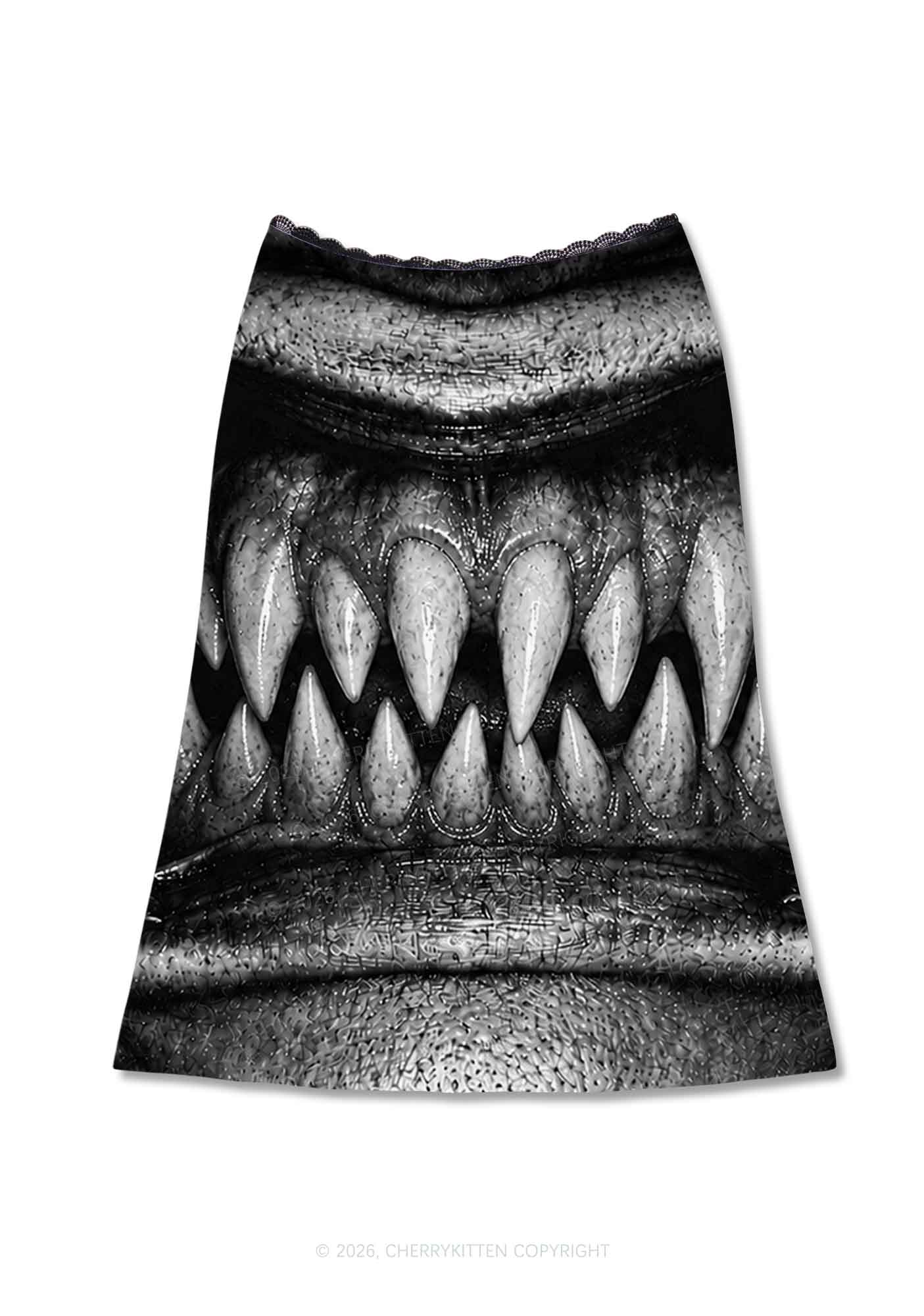 Halloween Monster Sharp Fangs Y2K Print Midi Skirt Cherrykitten