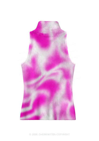 Pink And White Swirl Y2K Knit Turtleneck Tank Top Cherrykitten