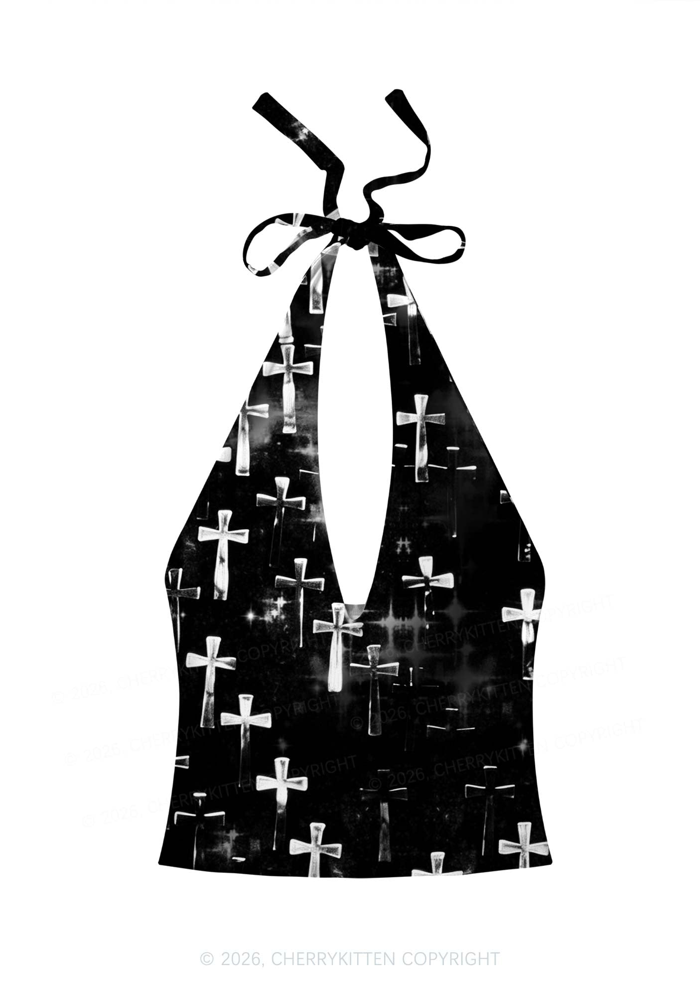 Halloween Silver Cross On Black Y2K Print Halter Deep V Neck Cami Cherrykitten