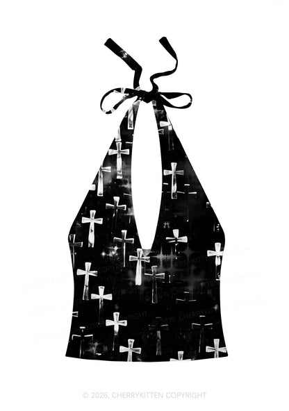 Halloween Silver Cross On Black Y2K Print Halter Deep V Neck Cami Cherrykitten