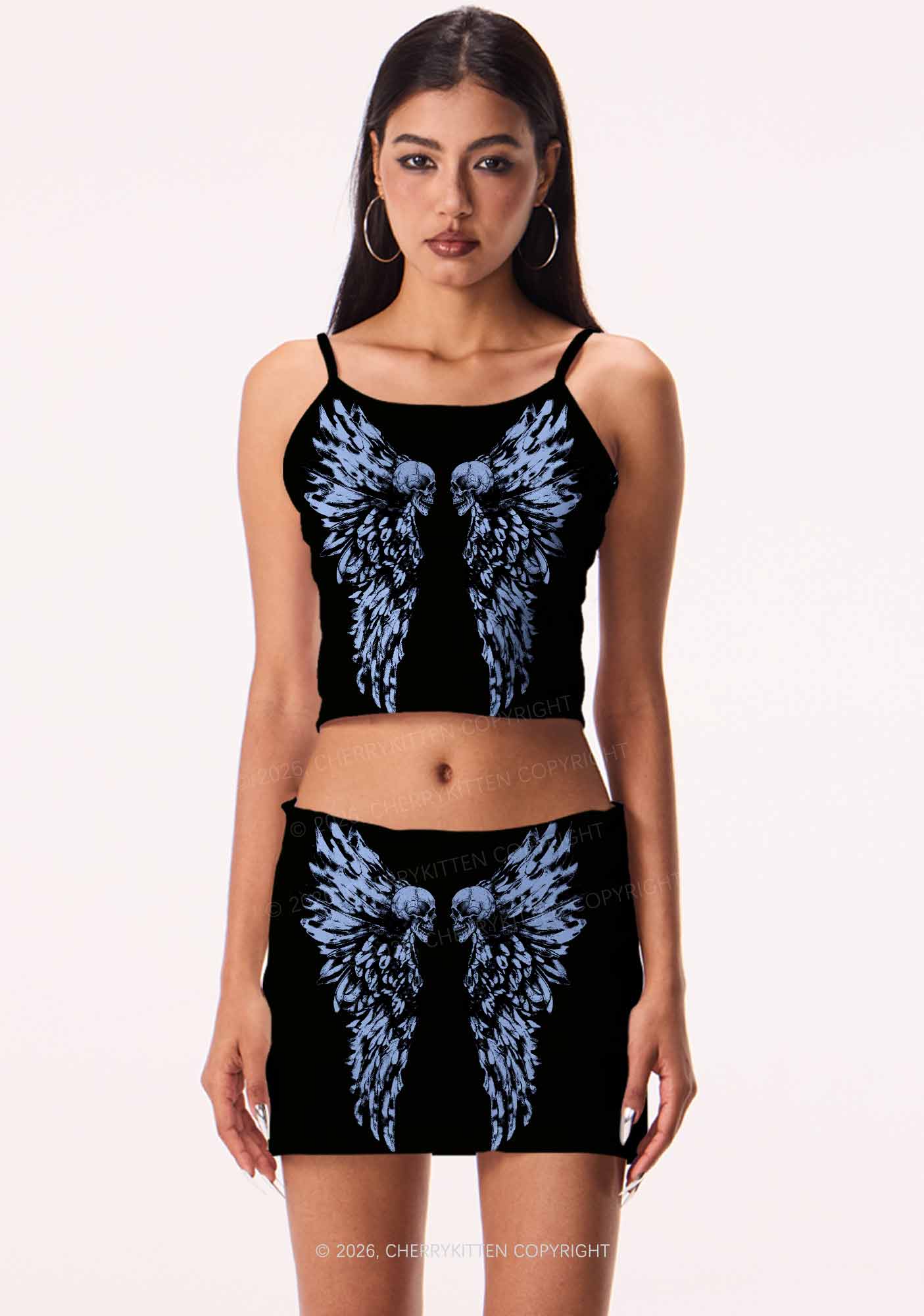 Halloween Blue Skull Angel Wings Y2K Print Mini Skirt Cherrykitten