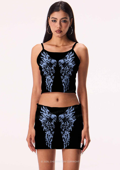 Halloween Blue Skull Angel Wings Y2K Print Mini Skirt Cherrykitten