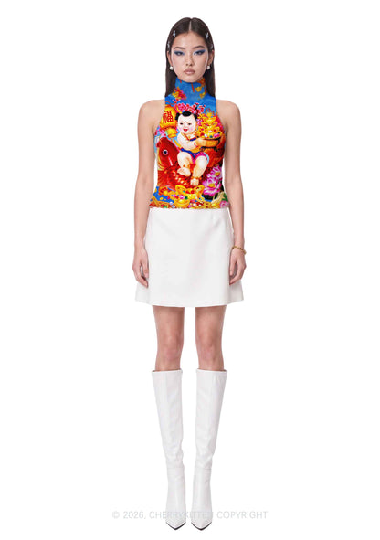 Chinese New Year Fortune Chubby Baby Y2K Knit Turtleneck Tank Top Cherrykitten