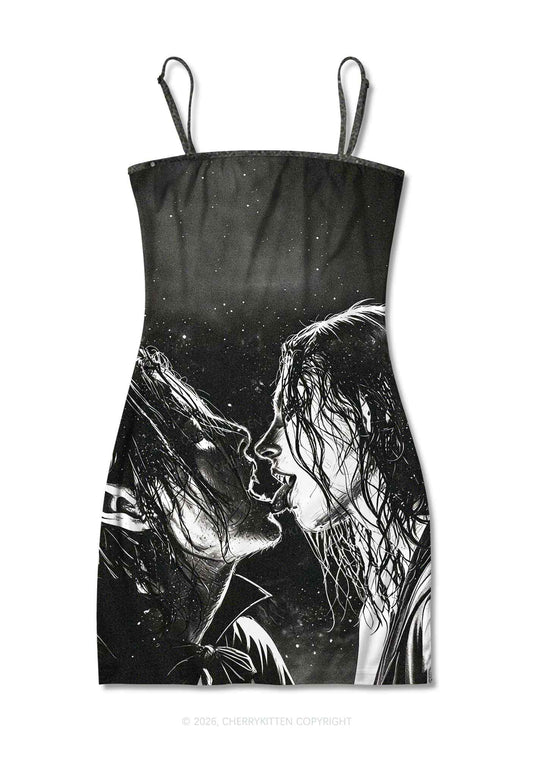 Halloween Two Vampire Figures Y2K Print Slip Dress Cherrykitten