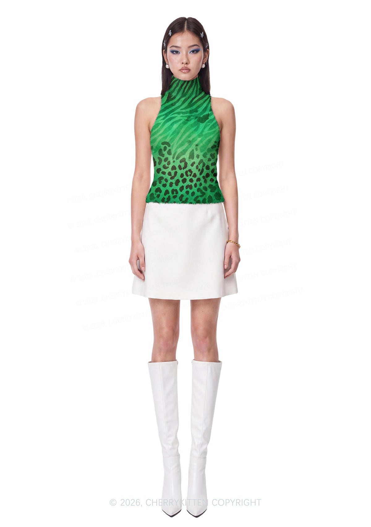 Green Zebra Leopard Y2K Knit Turtleneck Tank Top Cherrykitten