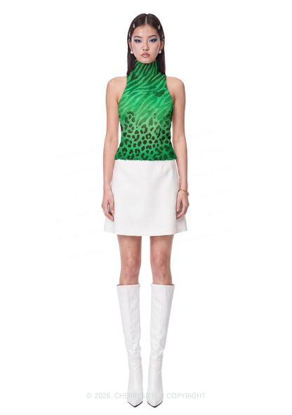 Green Zebra Leopard Y2K Knit Turtleneck Tank Top Cherrykitten