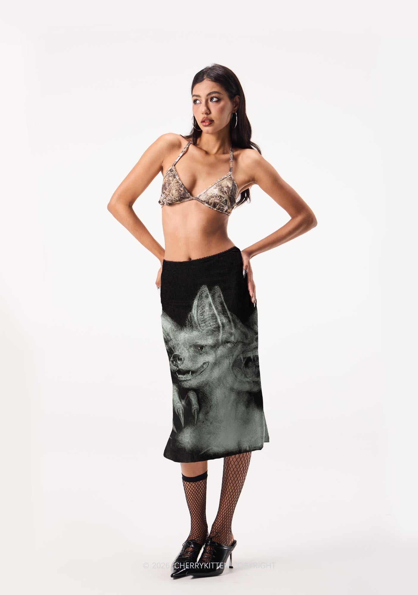 Halloween Two Head Monster Y2K Print Midi Skirt Cherrykitten