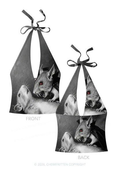 Halloween Vampire Rat Y2K Print Halter Deep V Neck Cami Cherrykitten