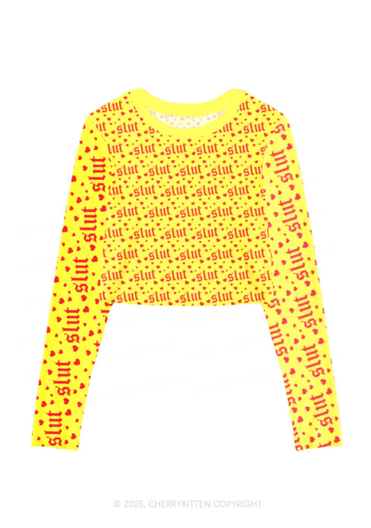 Yellow Slxt Y2K Mesh Long Sleeve Crop Top Cherrykitten