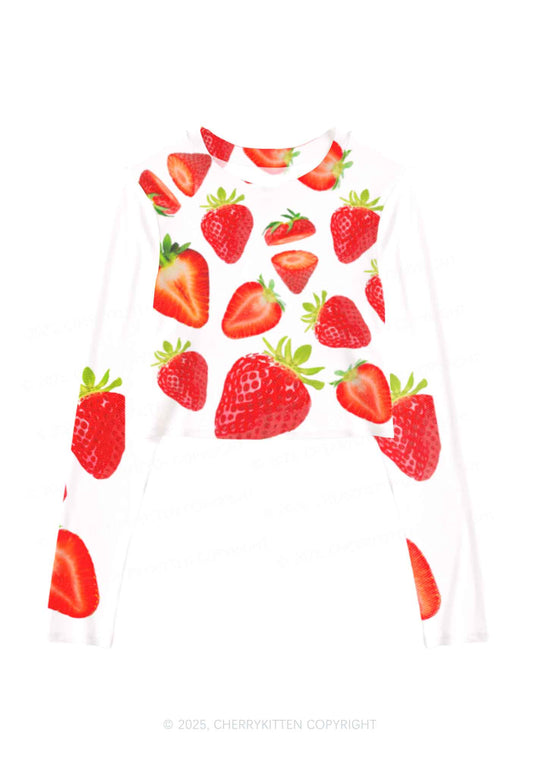 White Strawberry Y2K Mesh Long Sleeve Crop Top Cherrykitten