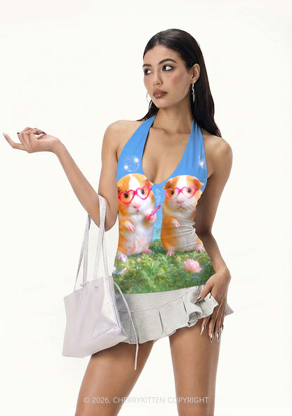 Two Smoking Guinea Pigs Y2K Print Halter Deep V Neck Cami Cherrykitten