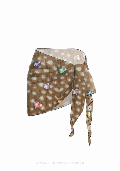 Brown Fawn Spot Heart Gem Y2K Print Bikini Set Cherrykitten