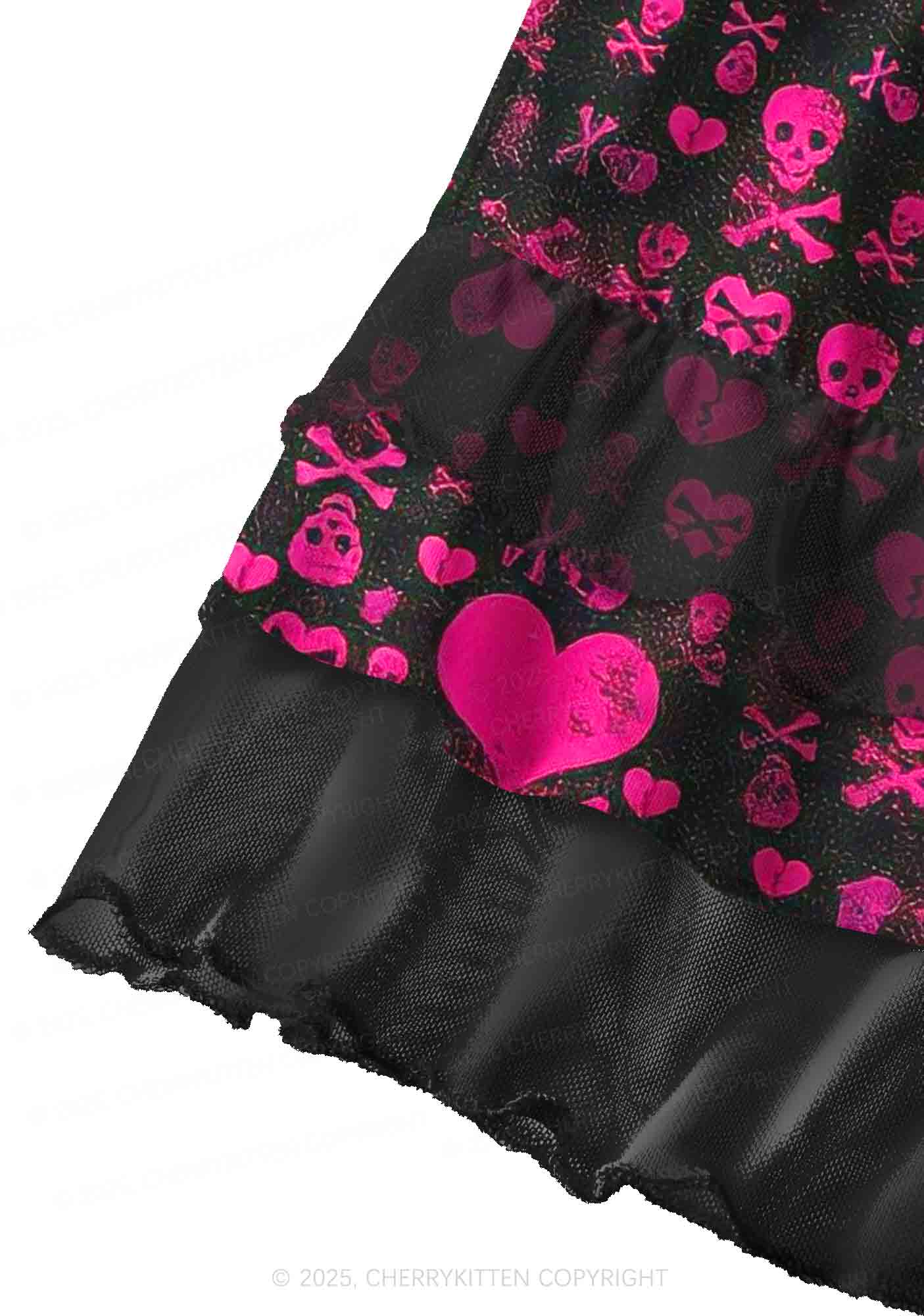 Skeleton Pink Love Valentine's Day Y2K Print Mini Layered Skirt Cherrykitten