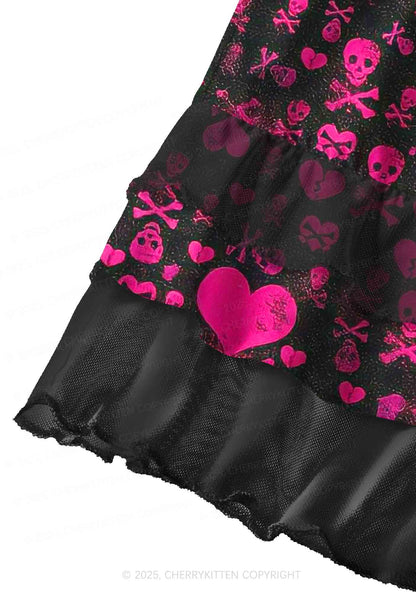 Skeleton Pink Love Valentine's Day Y2K Print Mini Layered Skirt Cherrykitten