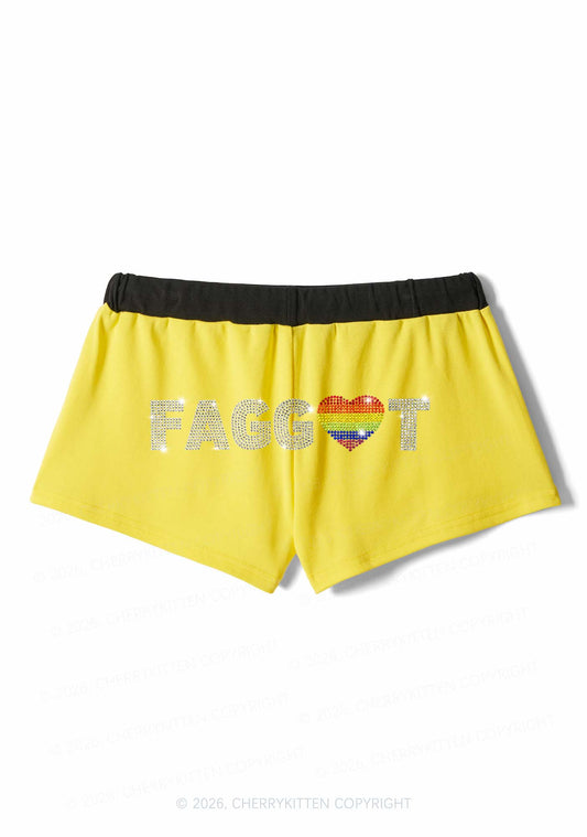 Rhinestone Rainbow Heart Faggot Pride Y2K Drawstring Mini Shorts Cherrykitten