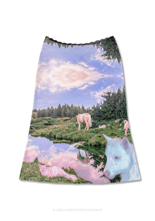 Pink Lace Pony Y2K Print Midi Skirt Cherrykitten