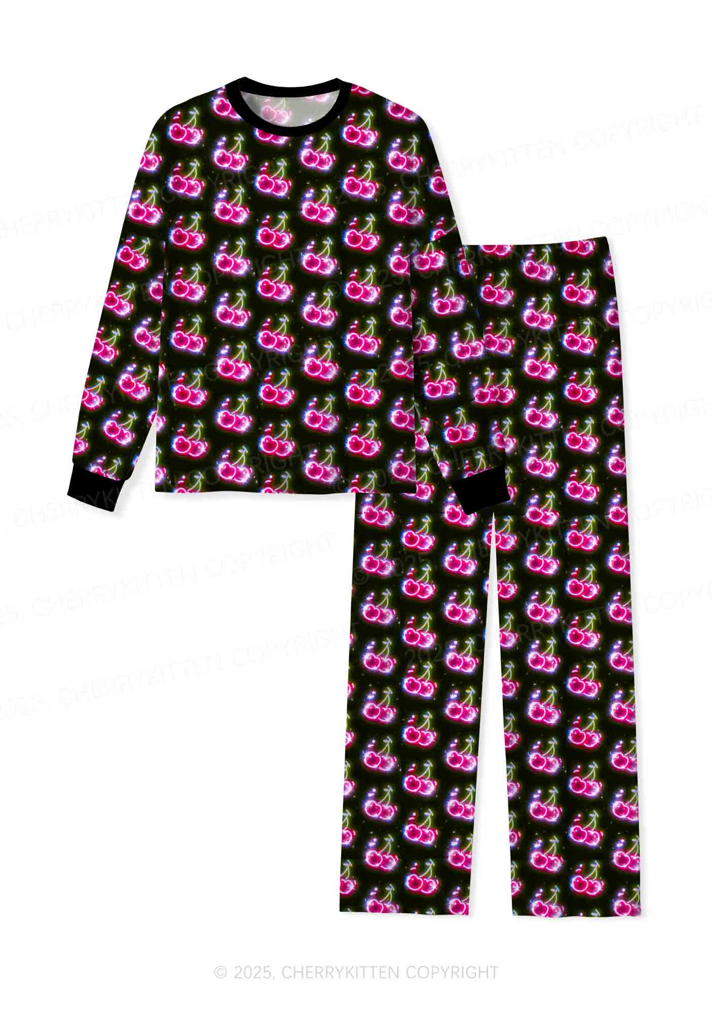 Glowing Cherry Dream Valentine's Day Y2K Print Long Sleeve Pajama Set Cherrykitten