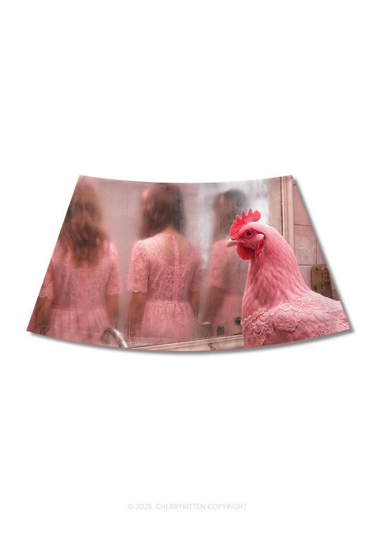 Pink Lace Chicken Y2K Print Mini Skirt Cherrykitten