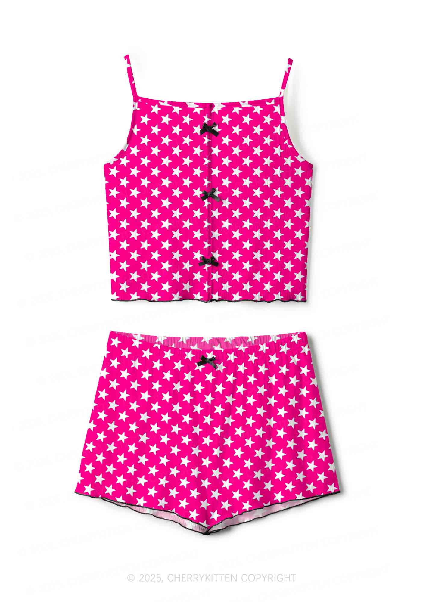 White Stars On Pink Valentine's Day Y2K Print Cami Shorts Pajama Set Cherrykitten