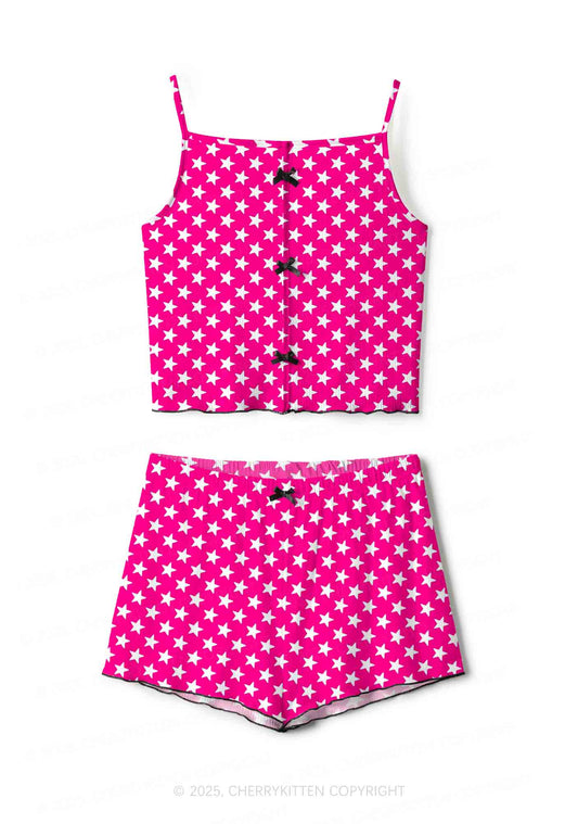 White Stars On Pink Valentine's Day Y2K Print Cami Shorts Pajama Set Cherrykitten