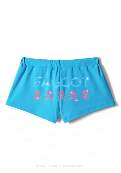 Rhinestone Faggot Skull Pride Y2K Drawstring Mini Shorts Cherrykitten