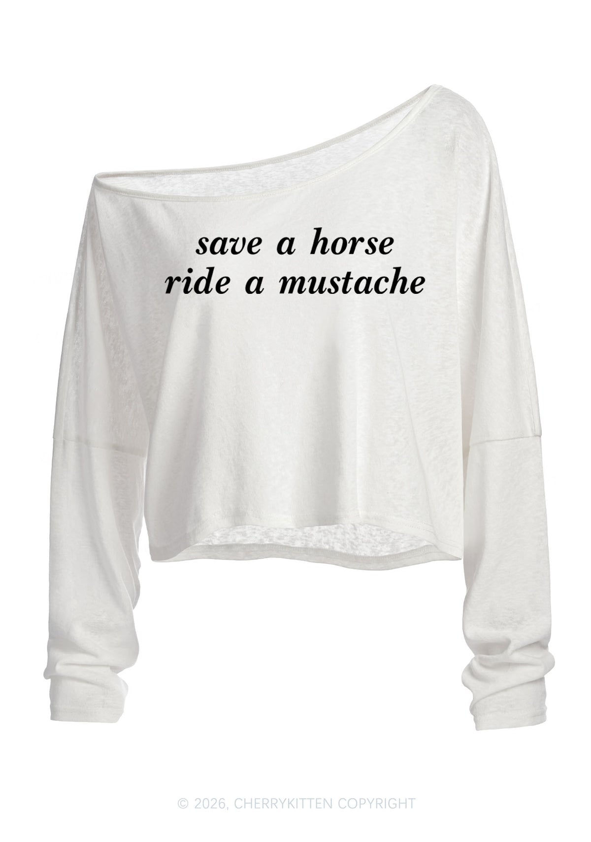 Ride A Mustache Y2K Off Shoulder Long Sleeve Crop Top Cherrykitten
