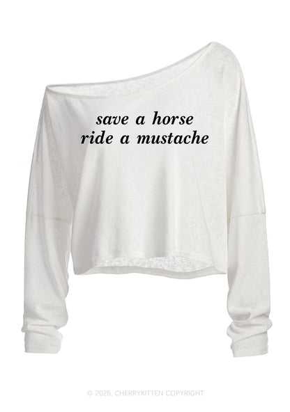 Ride A Mustache Y2K Off Shoulder Long Sleeve Crop Top Cherrykitten
