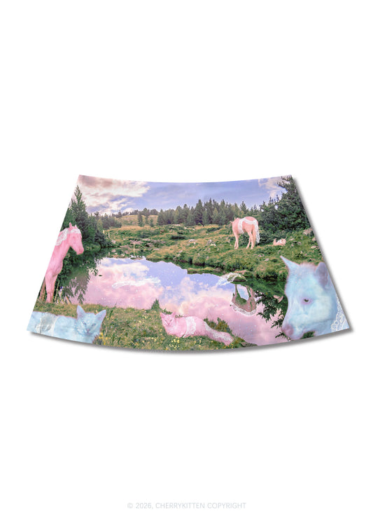 Pink Lace Pony Y2K Print Mini Skirt Cherrykitten