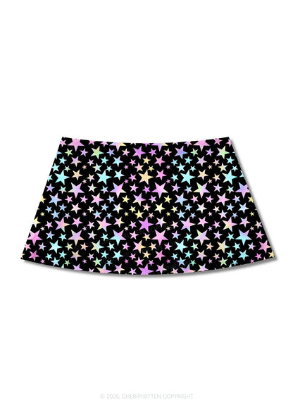 Rainbow Star On Black Y2K Print Mini Skirt Cherrykitten