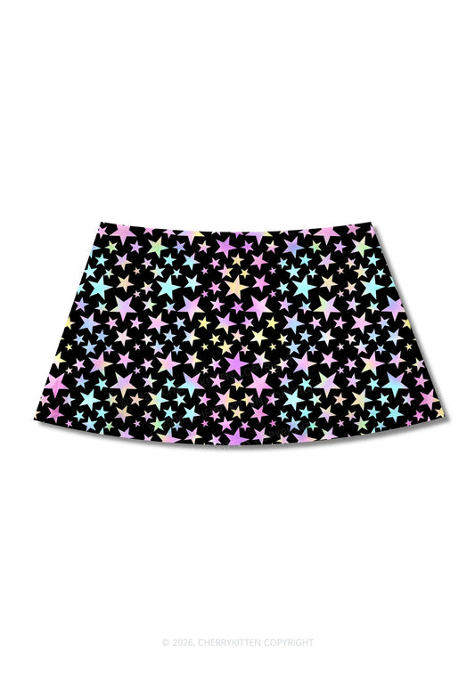 Rainbow Star On Black Y2K Print Mini Skirt Cherrykitten
