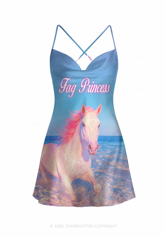 Blue Fag Princess Horse Pride Y2K Print Satin Cowl Neck Slip Dress Cherrykitten