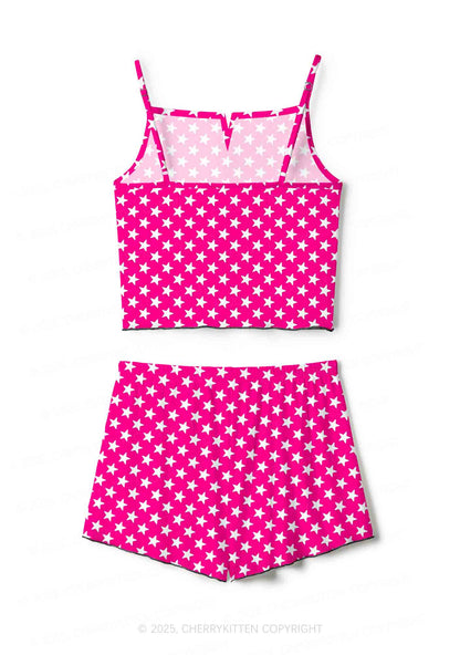 White Stars On Pink Valentine's Day Y2K Print Cami Shorts Pajama Set Cherrykitten