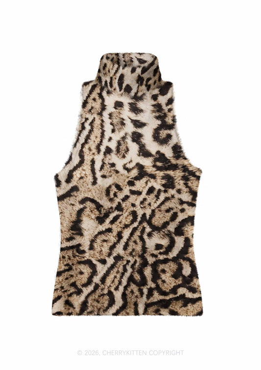 Brown Black Leopard Y2K Knit Turtleneck Tank Top Cherrykitten