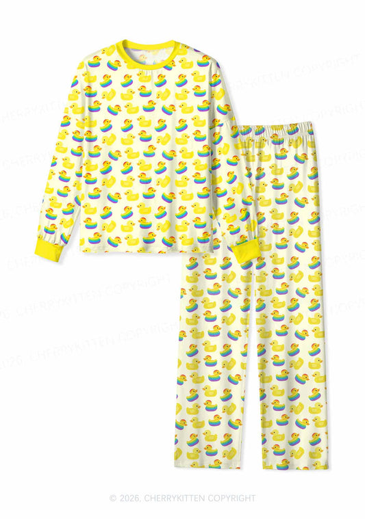 Rainbow Ducks Pride Y2K Print Long Sleeve Pajama Set Cherrykitten