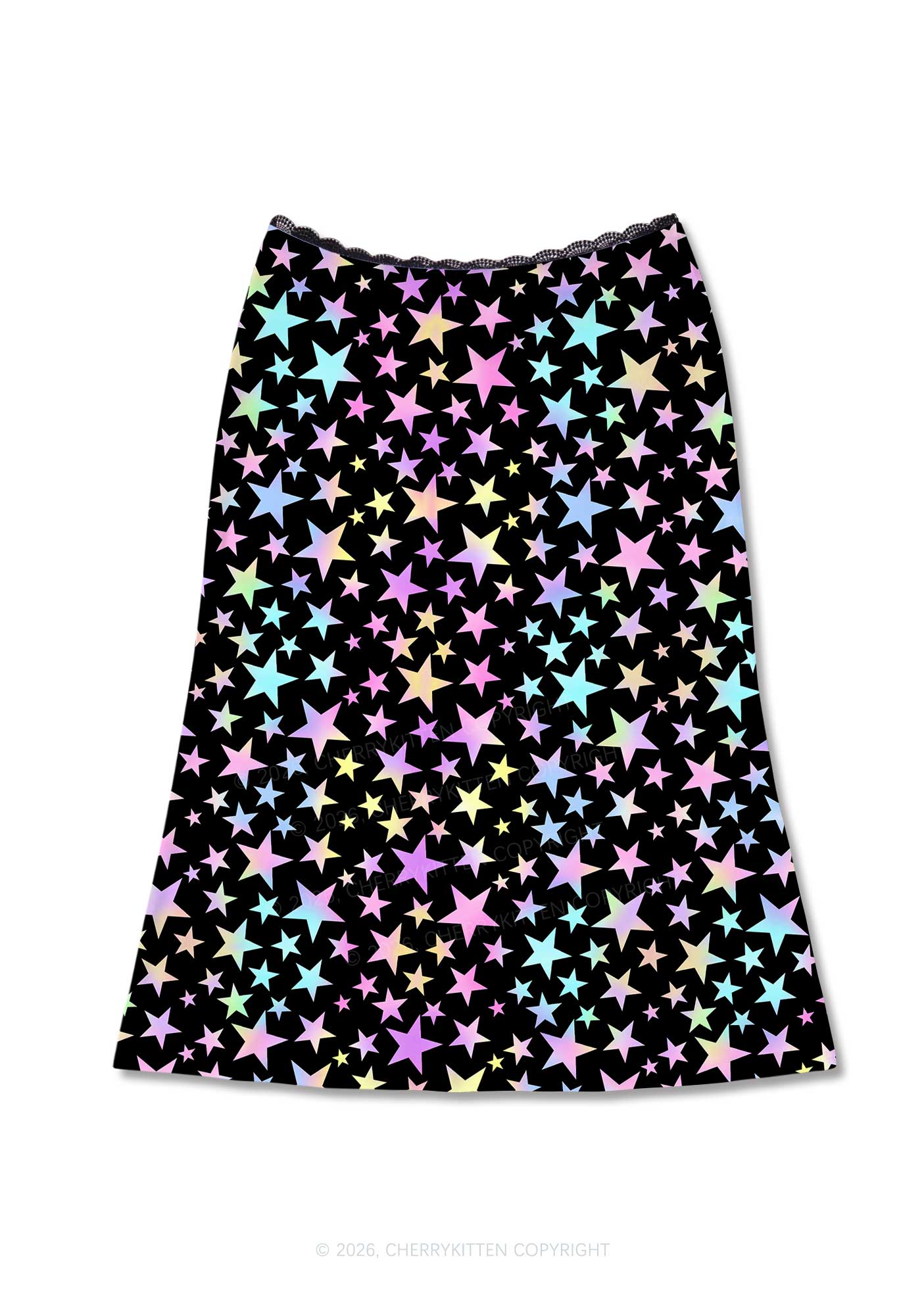Rainbow Star On Black Y2K Print Midi Skirt Cherrykitten